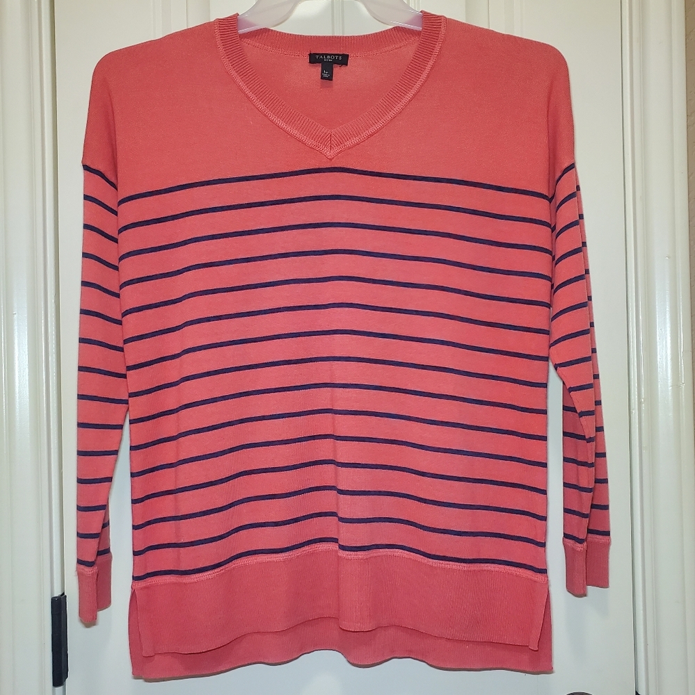 Talbots Coral and Navy Striped V-Neck Sweater Petite Large